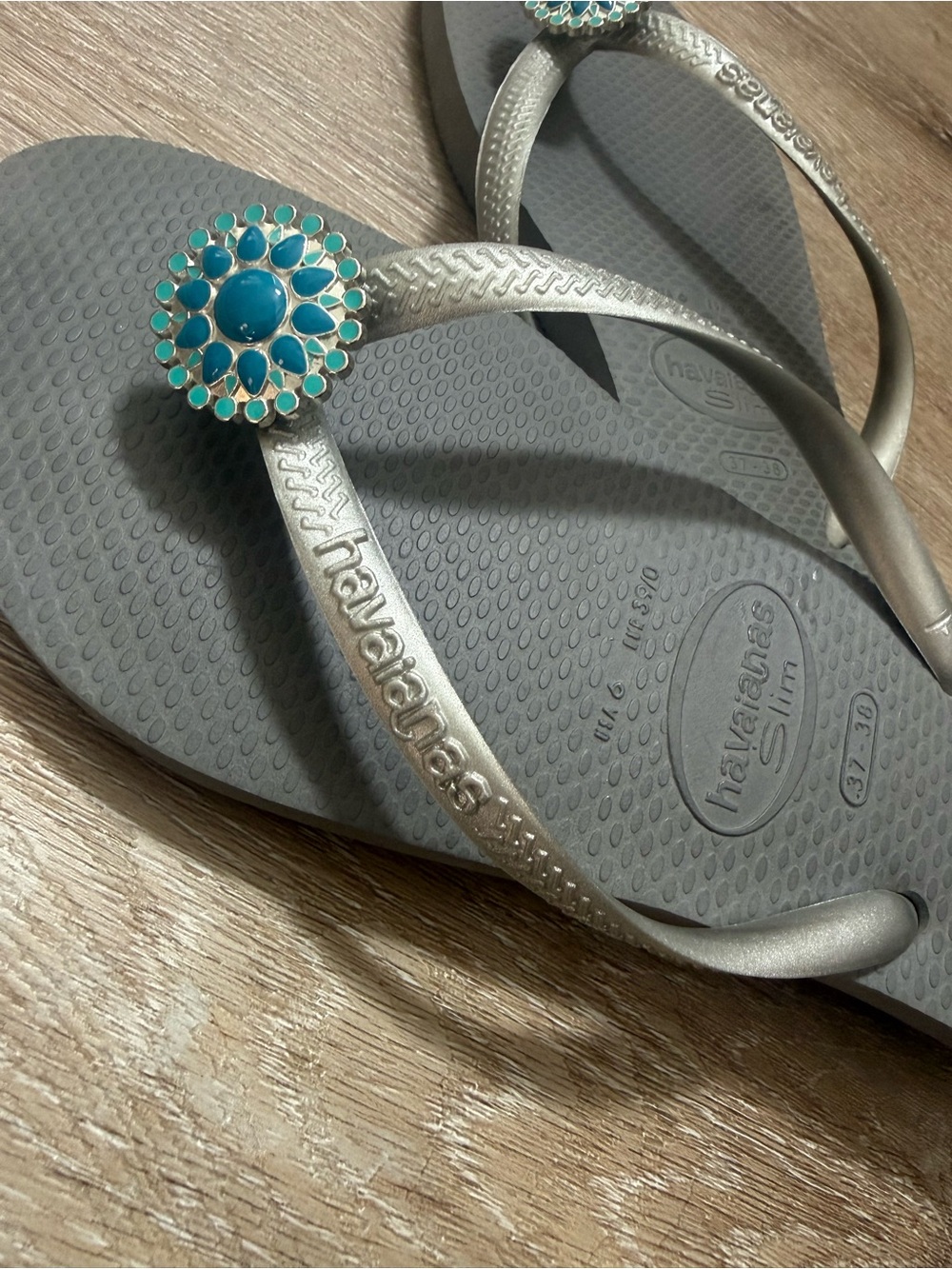Havaianas Silver Slim Flip Flops with Teal Blue Gem